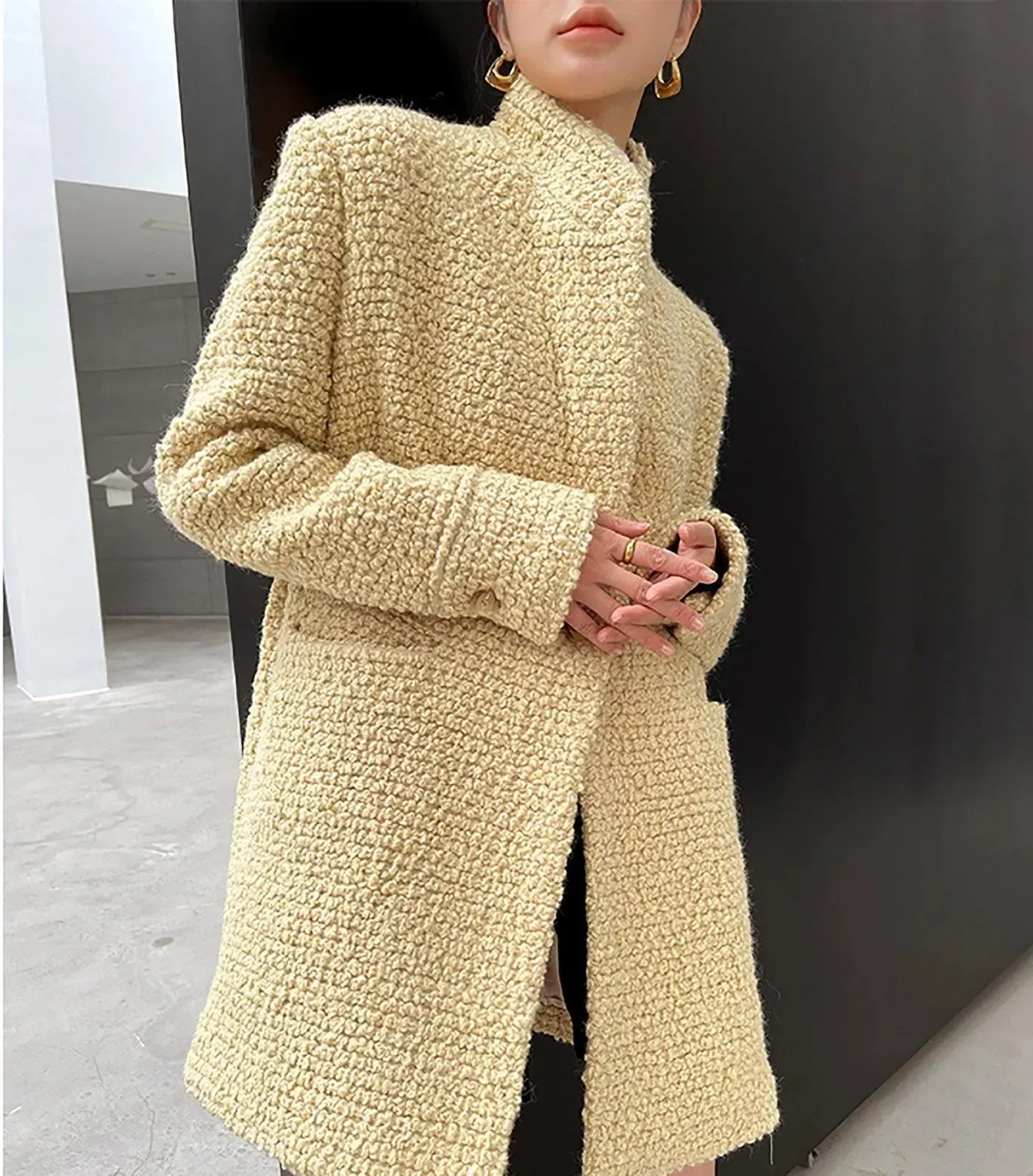 Women's Wool Blazer Coat,One button Wool Overcoat,Oversize Wool Blazer,Yellow Wool Trench Coat,Winter wool Coat,Autumn Wool Coat,Wool Suit